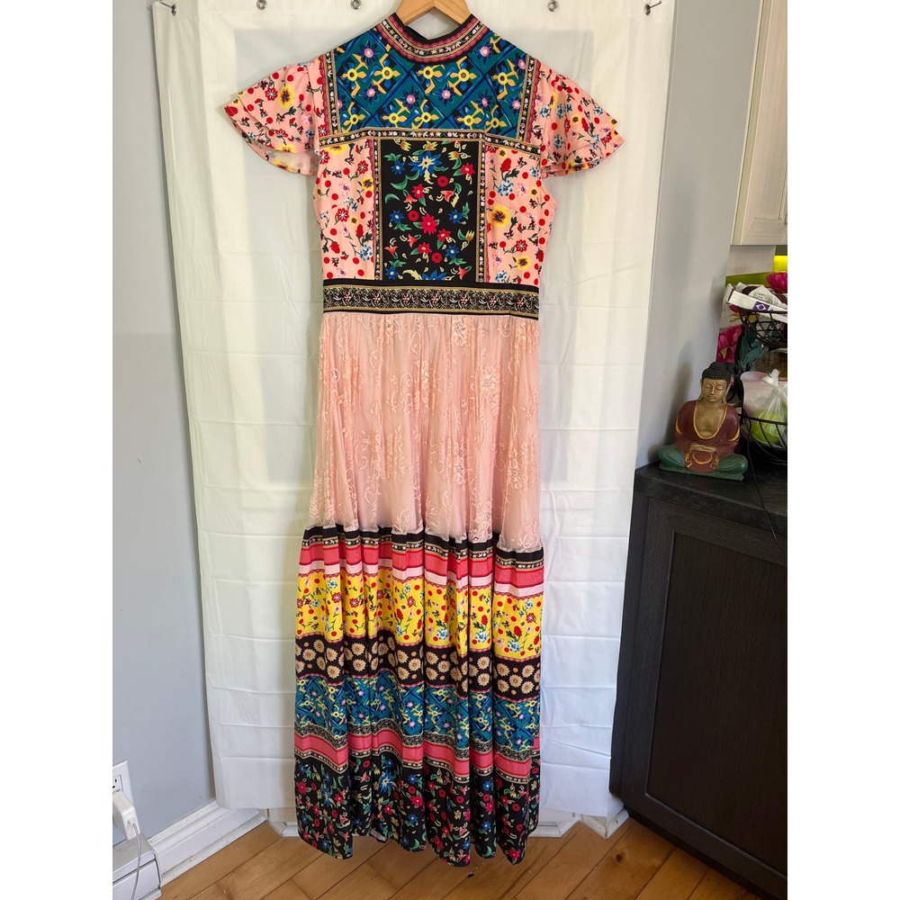 Pink Patchwork Floral Lace Tiered Maxi Dress Flutter Sleeve Boho High Neck